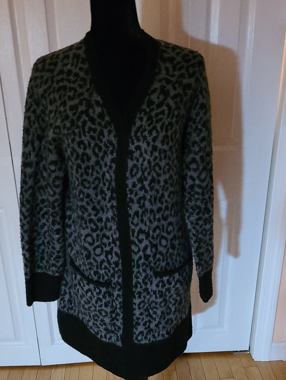 Lucky Brand Black and Gray Leopard Long Cardigan